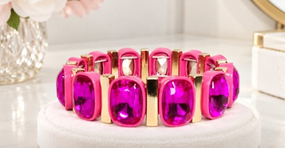 Pink Alloy Crystal Inlay Stretch Bracelet